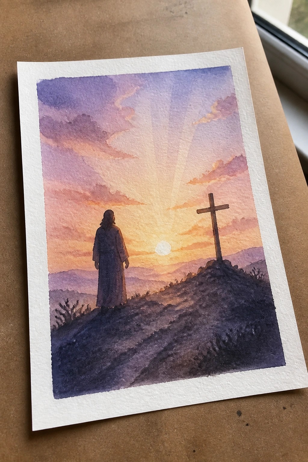 Watercolor of robed figure on hill facing wooden cross at purple-orange sunset