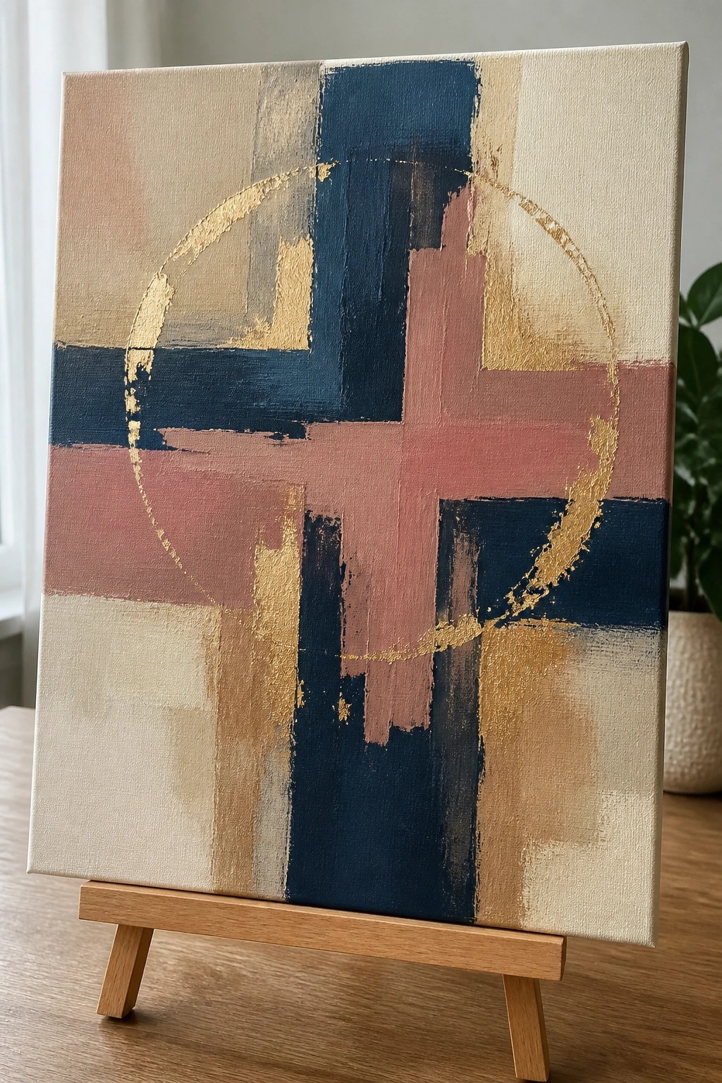 Abstract geometric painting with navy blue, pink, beige blocks and gold circle on wooden easel.