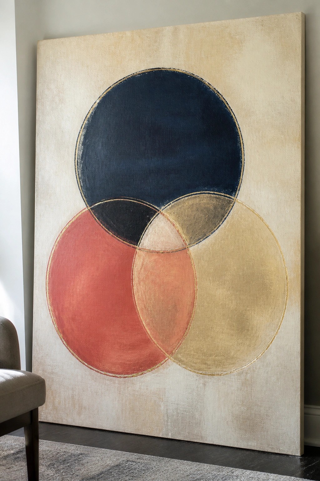 A large canvas with overlapping circles in navy, red-orange, gold, and beige tones on a light background.