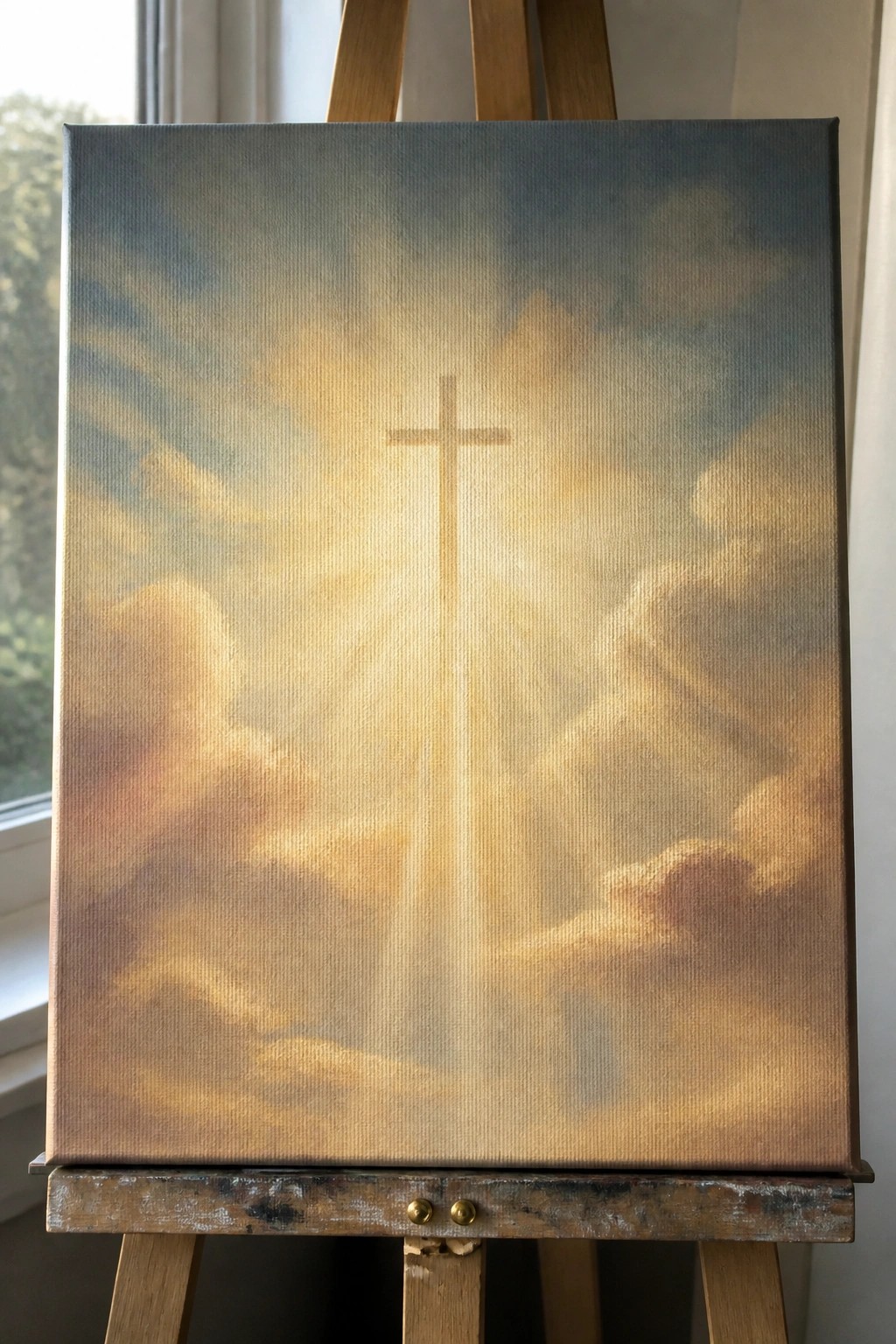 Canvas on wooden easel with glowing cross amid golden clouds and blue sky.
