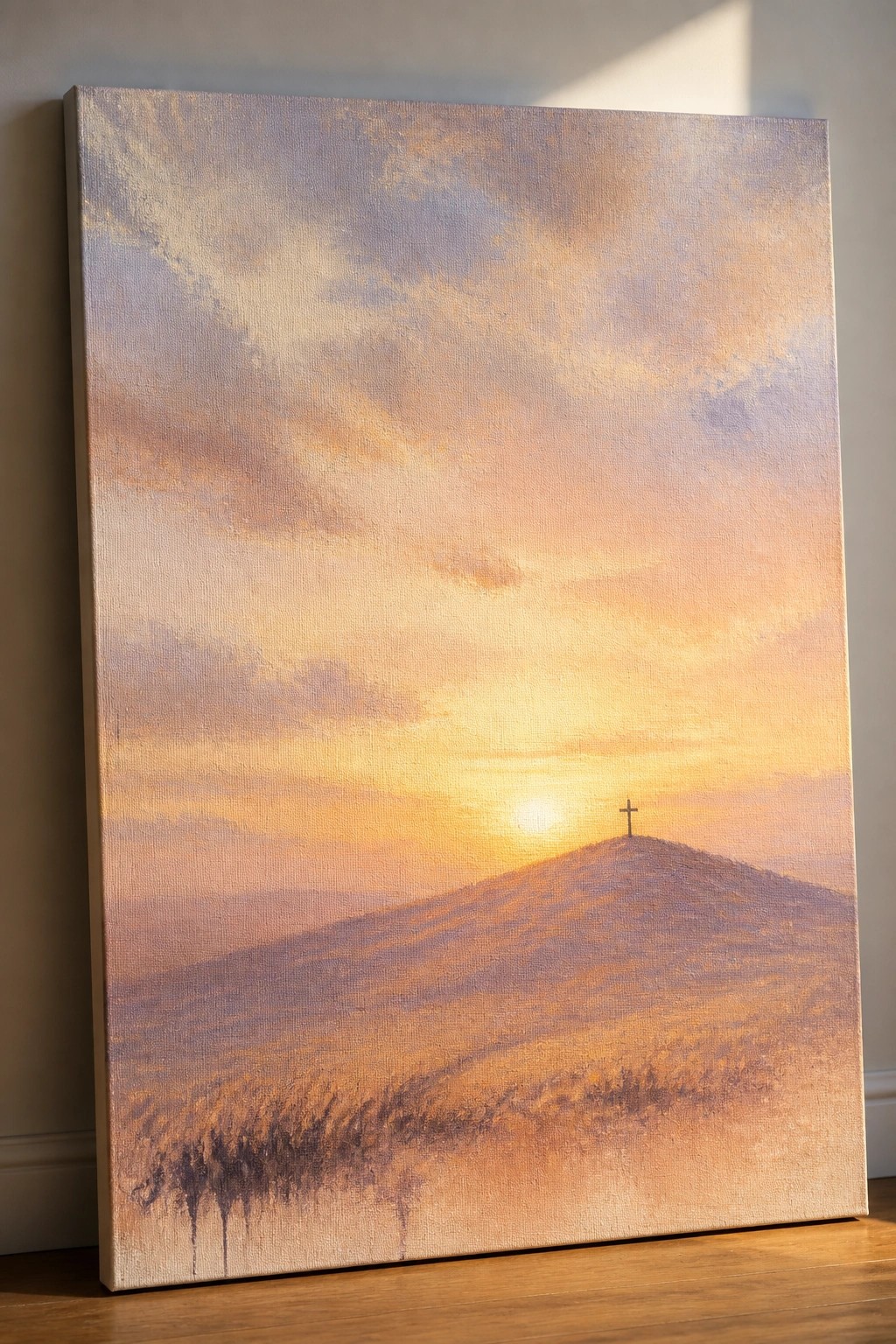 Painting of a cross on a hill under a vibrant orange-purple sunset sky.
