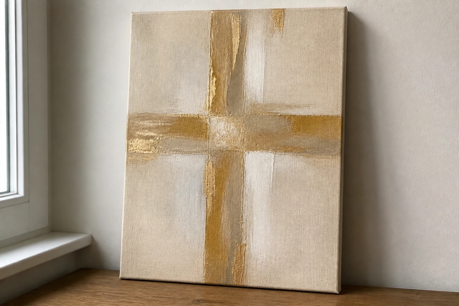 Abstract beige painting with gold cross on canvas beside potted plant on wood.