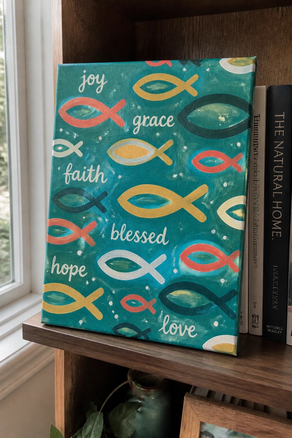 Teal canvas with colorful fish symbols and words on wooden shelf beside books.