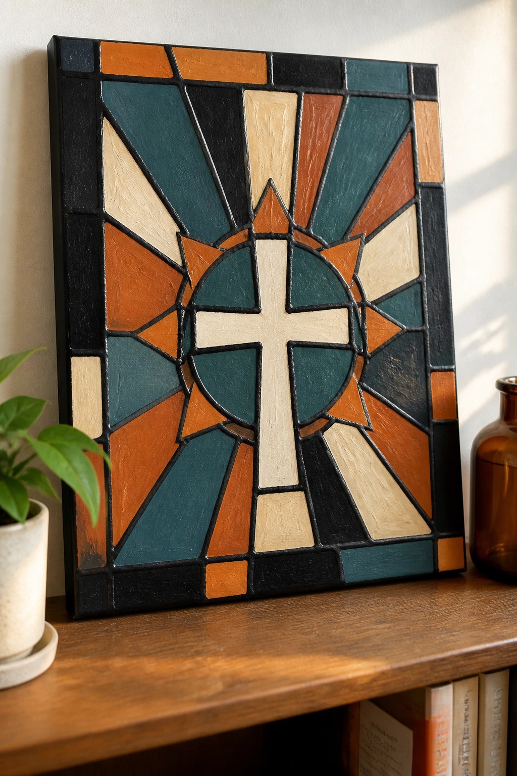 Stained glass cross artwork in teal orange black on wooden shelf with plant and bottle