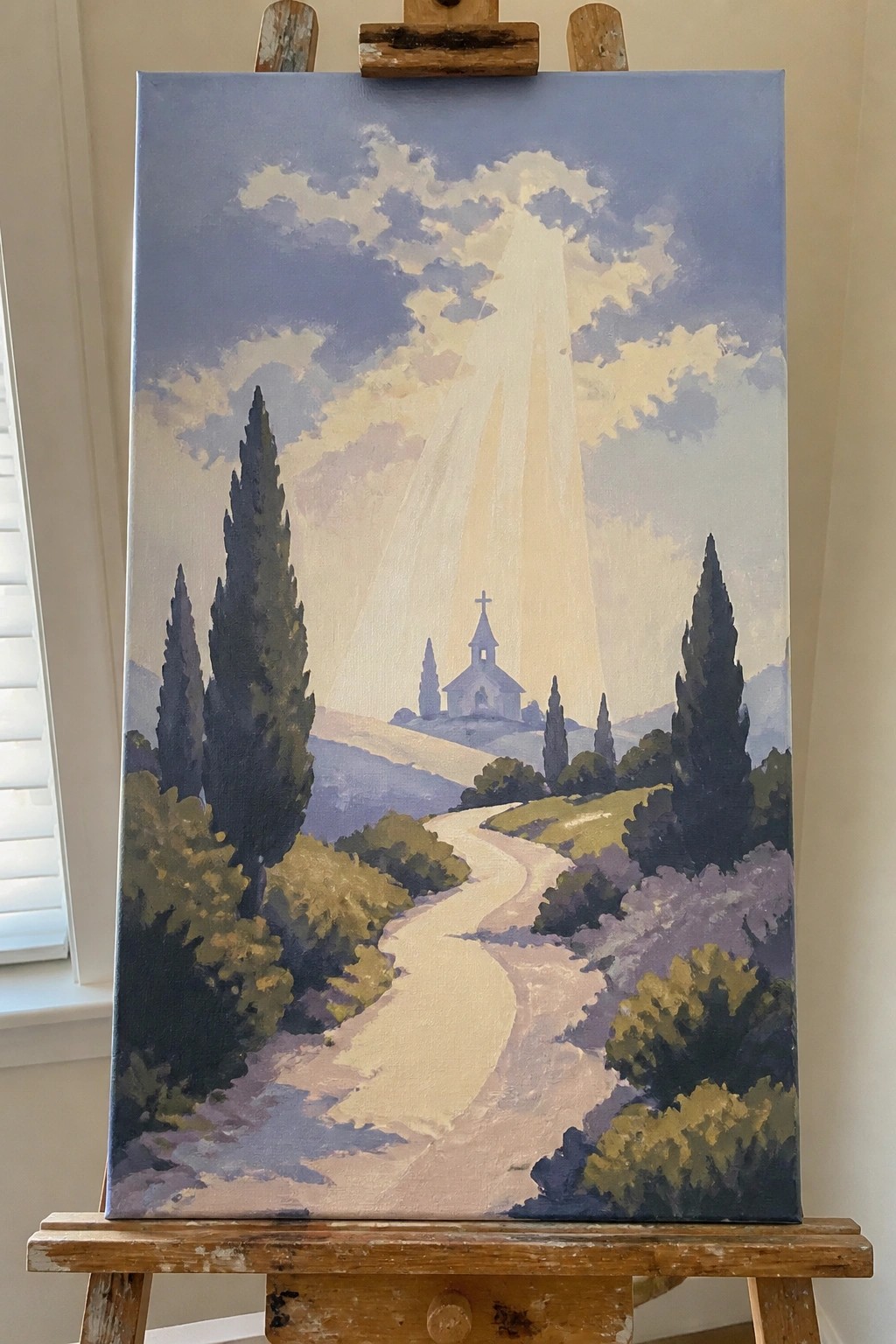 Winding dirt path through cypress trees to distant church under dramatic sunlit clouds.