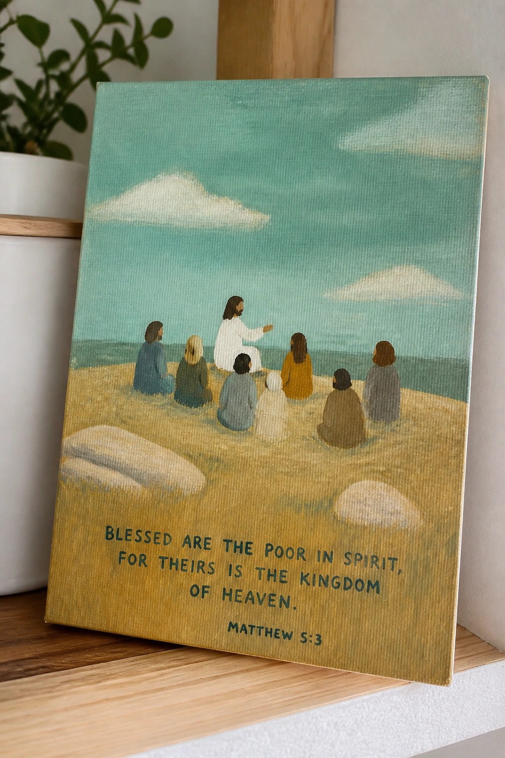 Painting depicts Jesus in white robe among seated figures on yellow shore beside turquoise ocean.