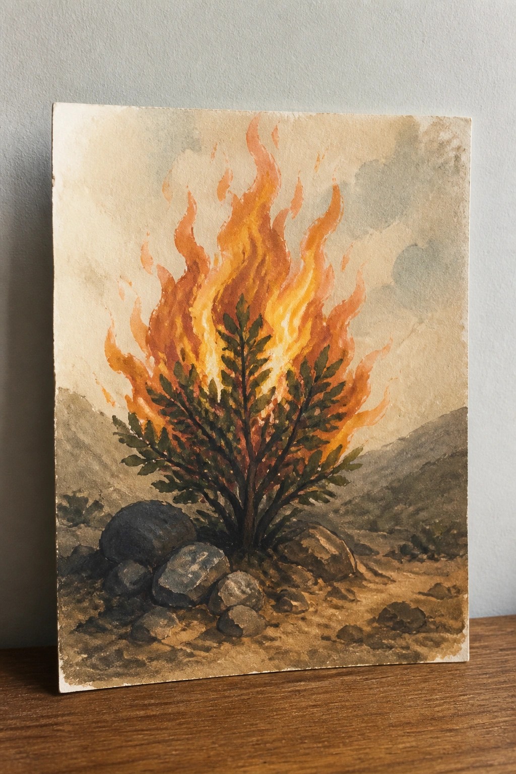 Watercolor of burning tree with orange flames, green leaves, rocks, and hills