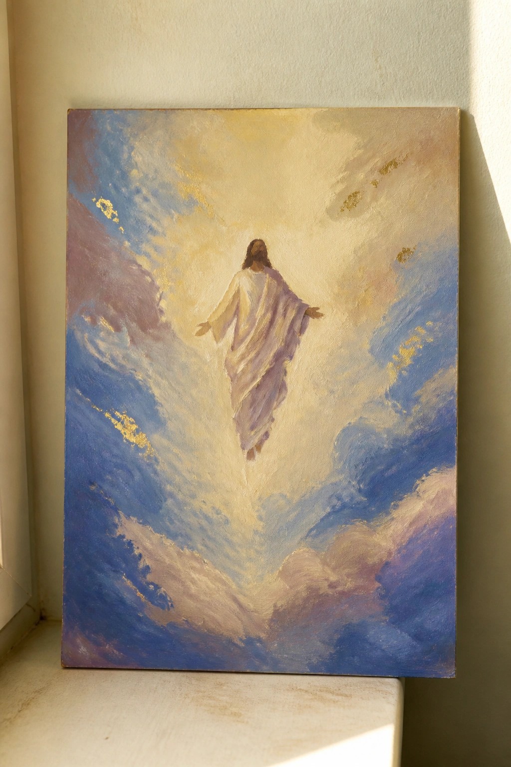 Oil painting of robed Jesus ascending through swirling blue and golden clouds.