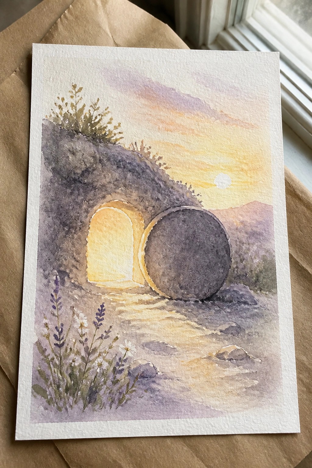 Watercolor of empty hillside tomb at sunrise with rolled stone and wildflowers.