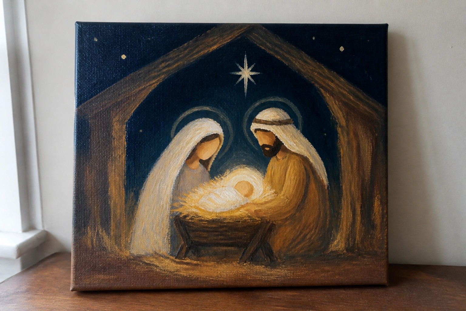 Nativity painting of Mary in white veil, Joseph in brown robe, and infant in manger under stars.
