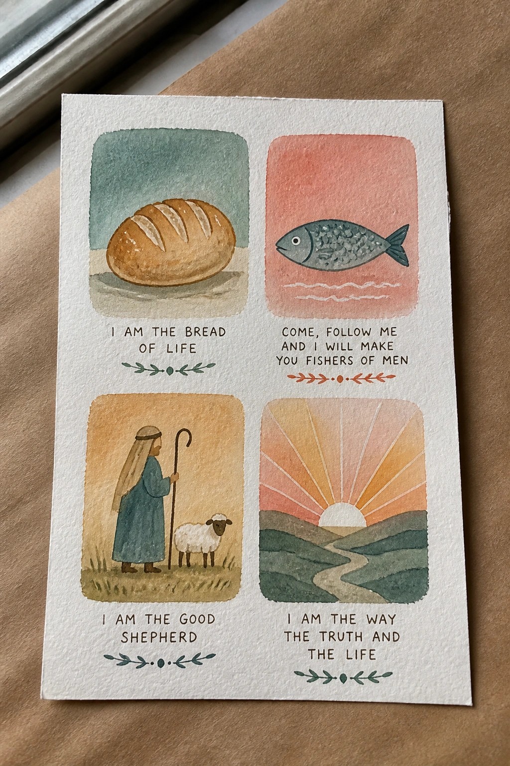 Watercolor card with bread, fish, robed shepherd and sheep, and sunrise panels with Bible verses.