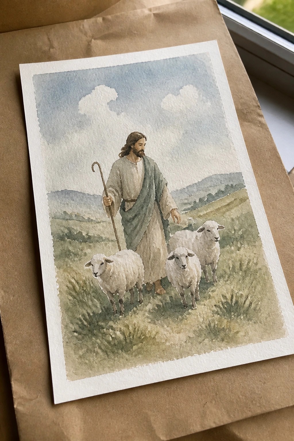 Watercolor of robed shepherd with staff walking beside three white sheep in hilly meadow.