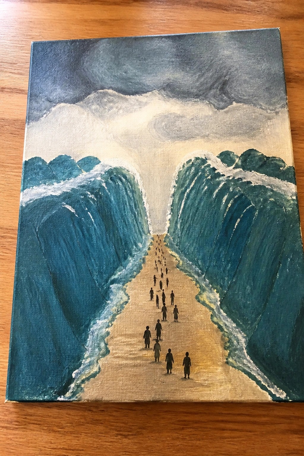 Painting of dark figures walking between two massive blue-green parting waves under stormy clouds