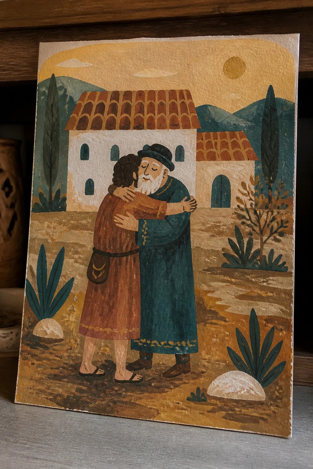 Elderly couple embracing before sunlit village with red-tiled roofs and hills.