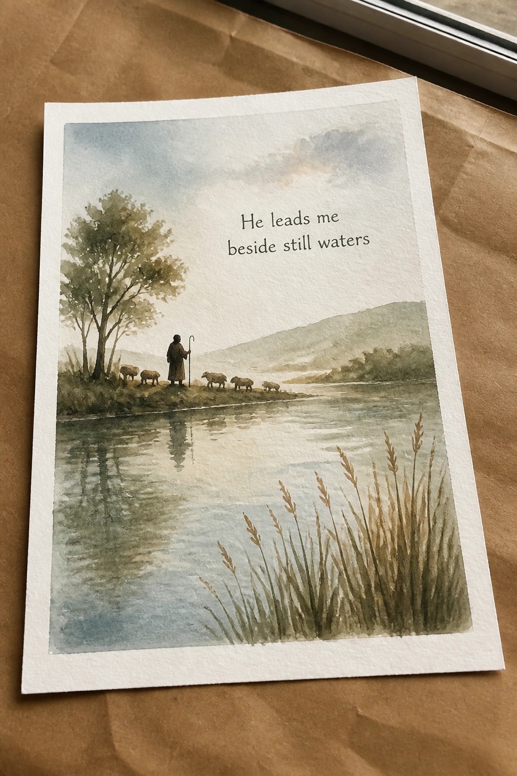Watercolor of robed shepherd with staff guiding sheep beside calm river, text above.