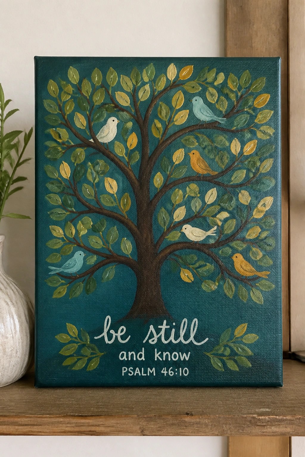 Teal canvas painting of tree with birds and 