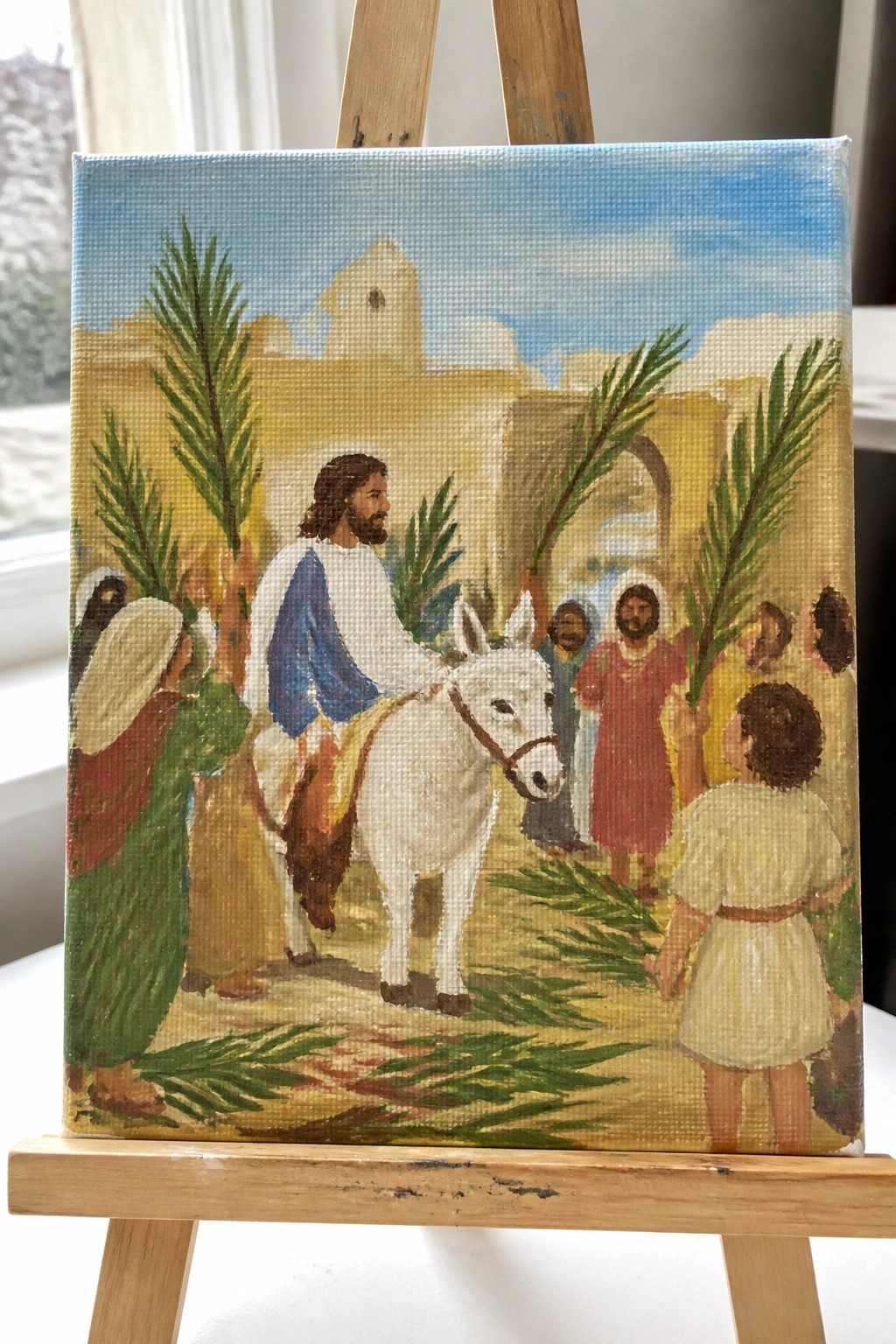 Jesus on white donkey, robed crowd waving green palms before ancient stone walls