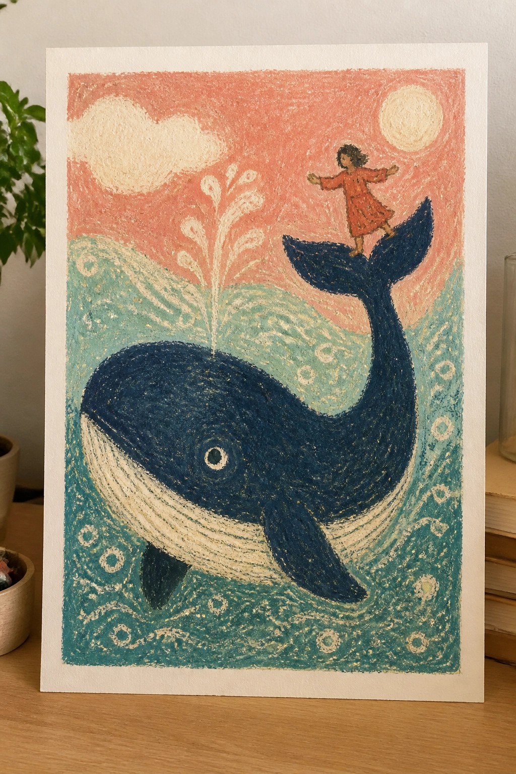 A painting of a blue whale with a girl in a red dress standing on its tail in turquoise water under a pink sky with a sun and clouds.