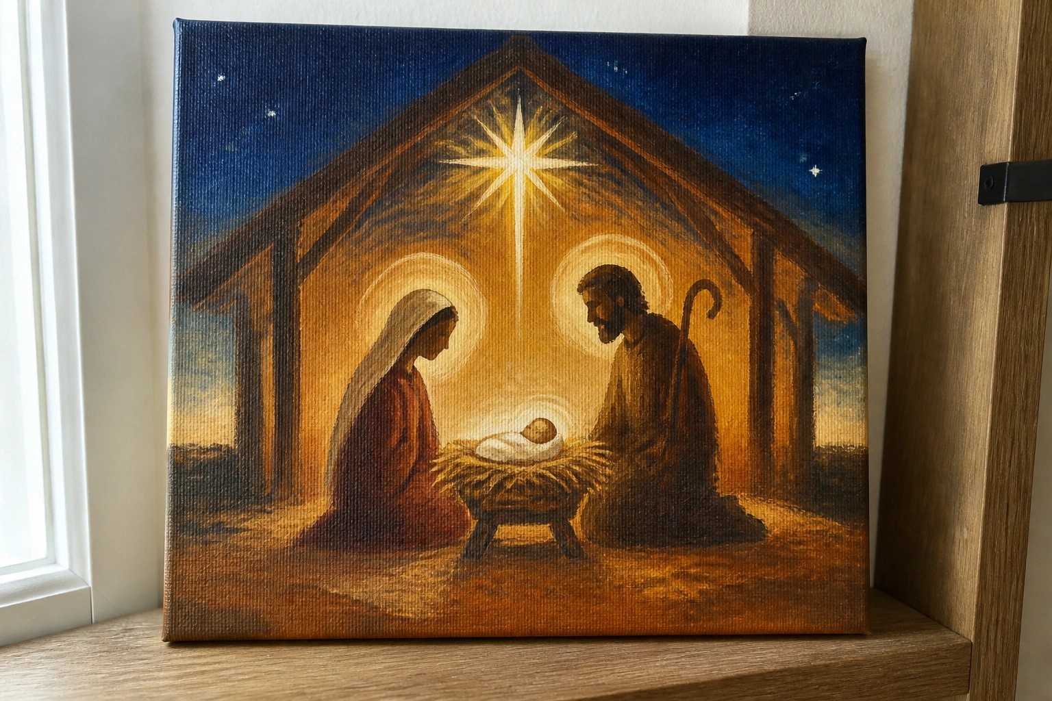 Rustic painting of Mary in red cloak and Joseph beside haloed infant under radiant star.