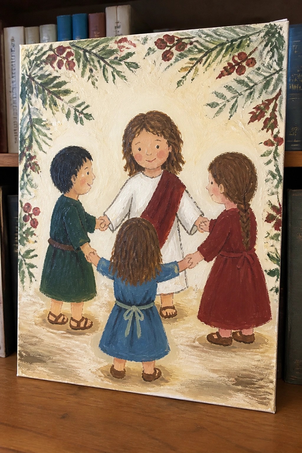 Jesus in white-red robe holds hands with three children in green, blue, red tunics amid leaf wreath