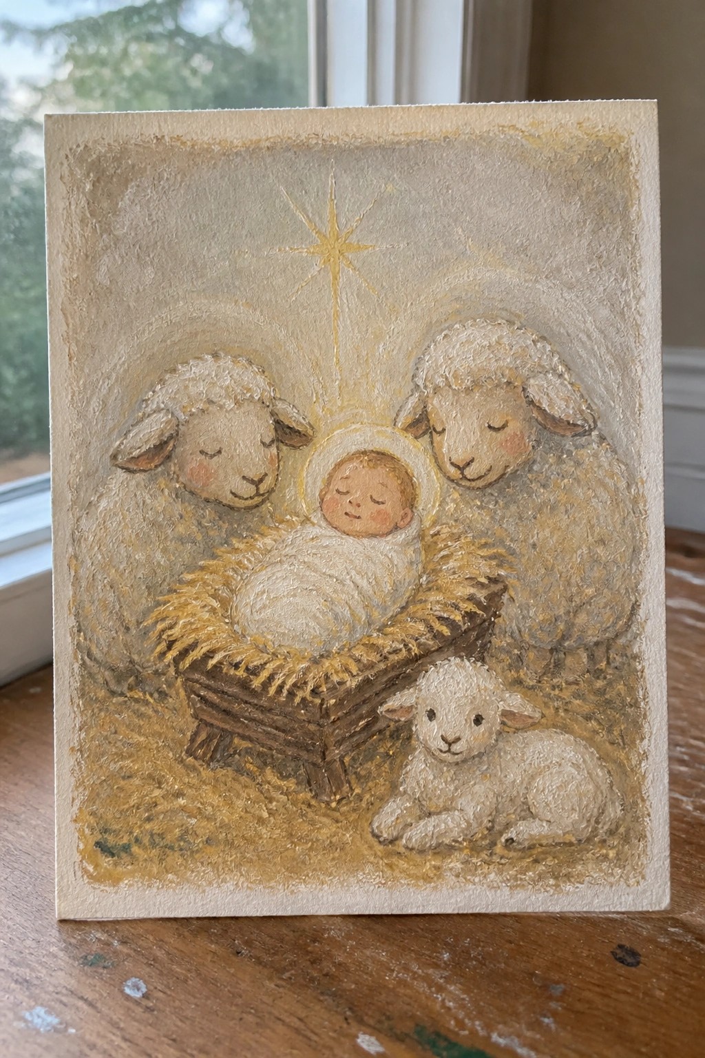 Soft painting of swaddled infant in hay manger with three sheep under golden star.