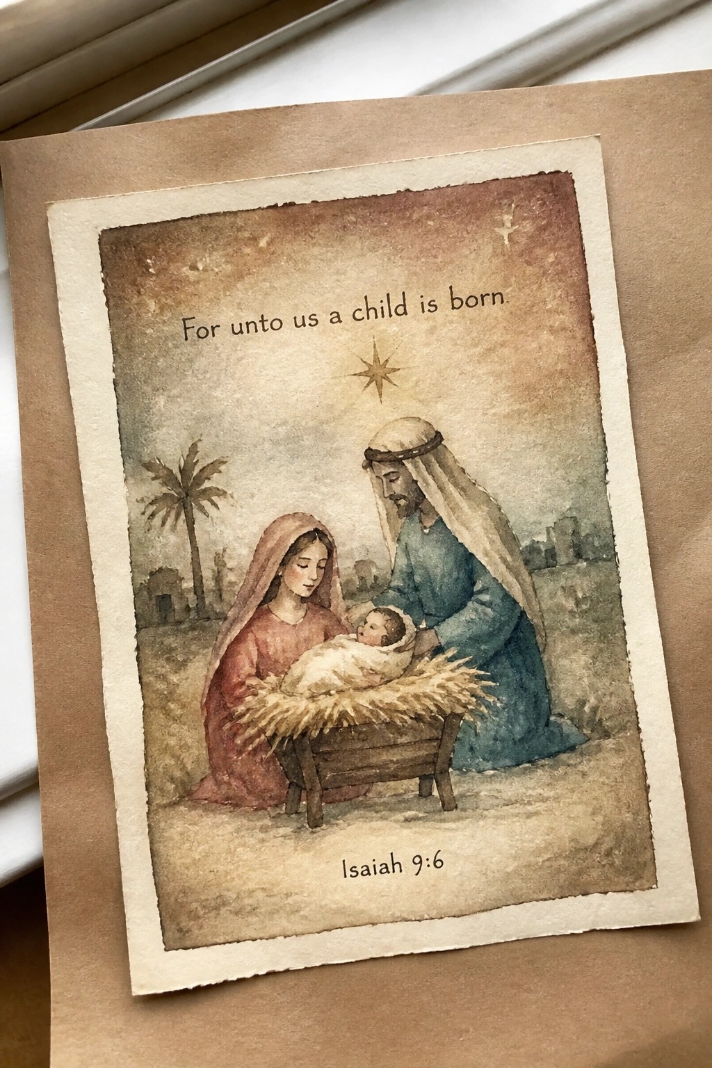 Watercolor nativity with Mary in pink robe, Joseph in blue, baby in manger under star.