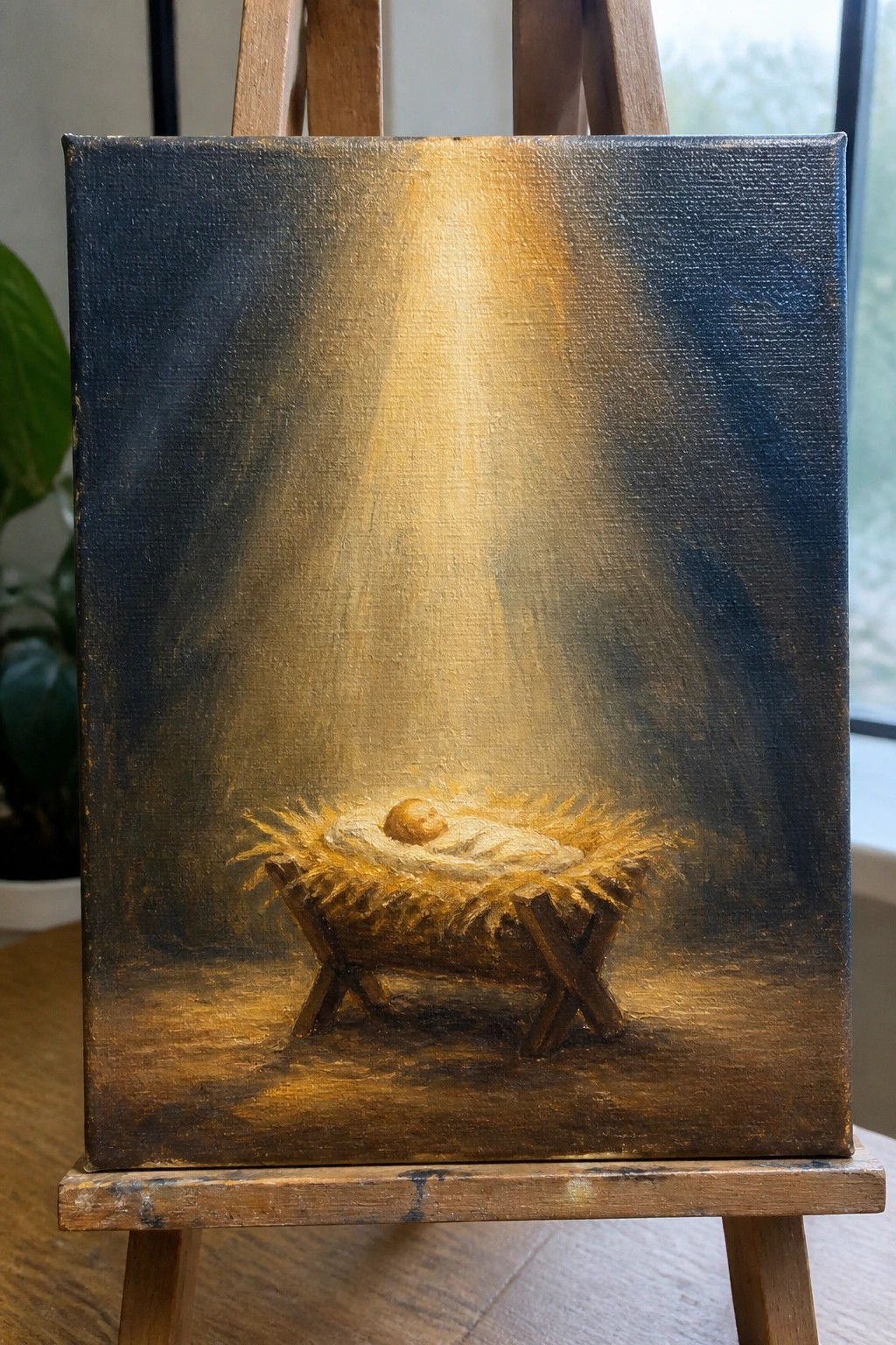 Painting on easel of swaddled baby in straw manger under golden light beam