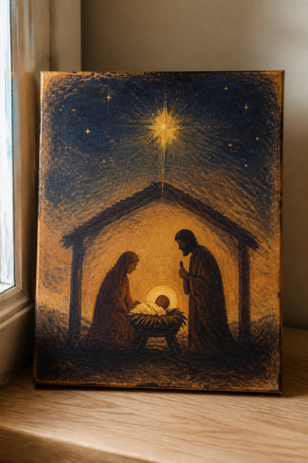 Rustic painting of Mary in red cloak and Joseph beside haloed infant under radiant star.