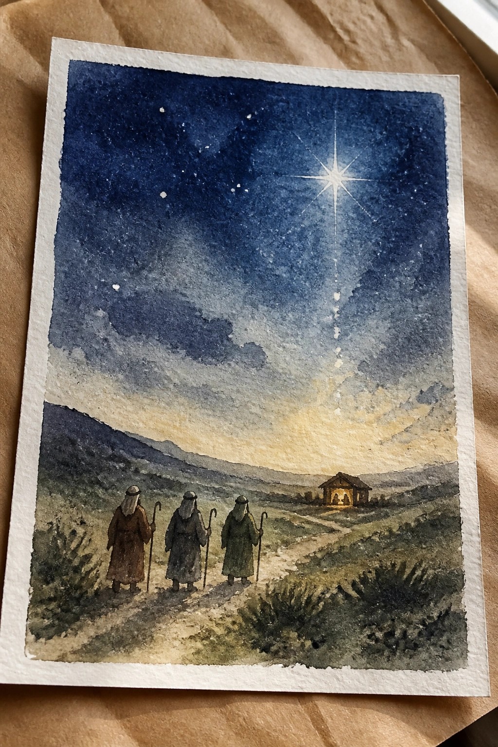 Watercolor of three robed men with staffs walking toward a lit stable under a bright star