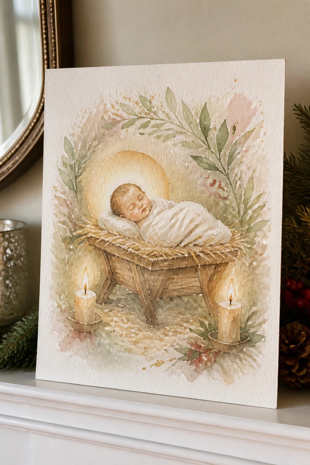 Watercolor of swaddled baby sleeping in wooden manger with halo and lit candles