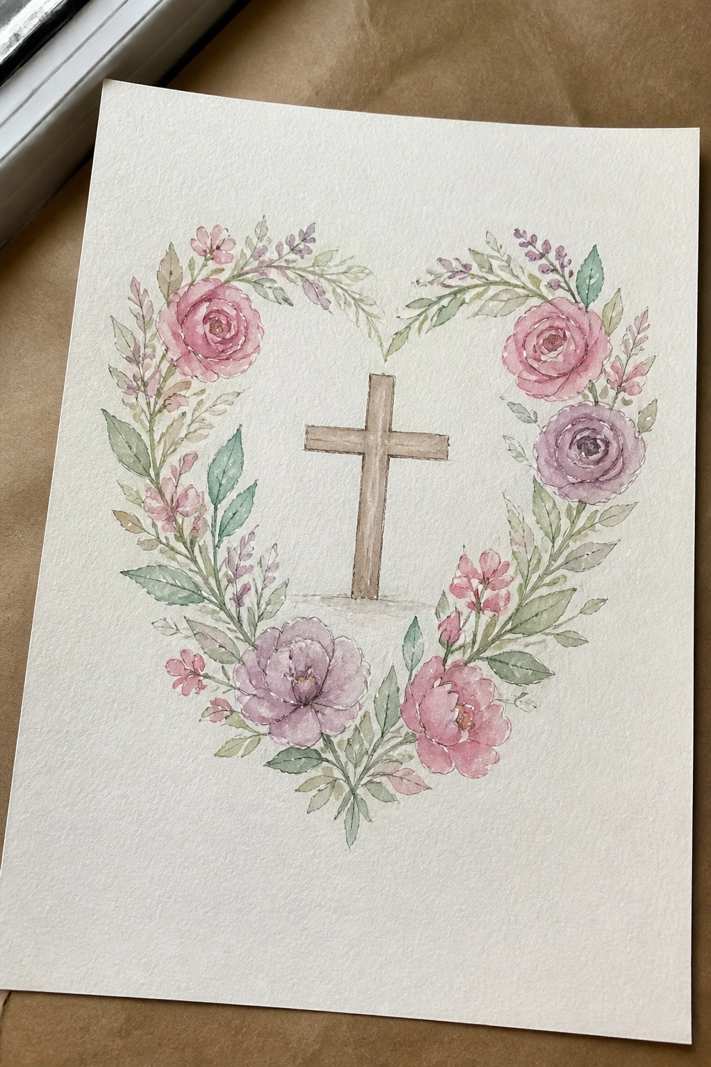 Watercolor heart wreath of pink purple roses surrounding a wooden cross on white paper.