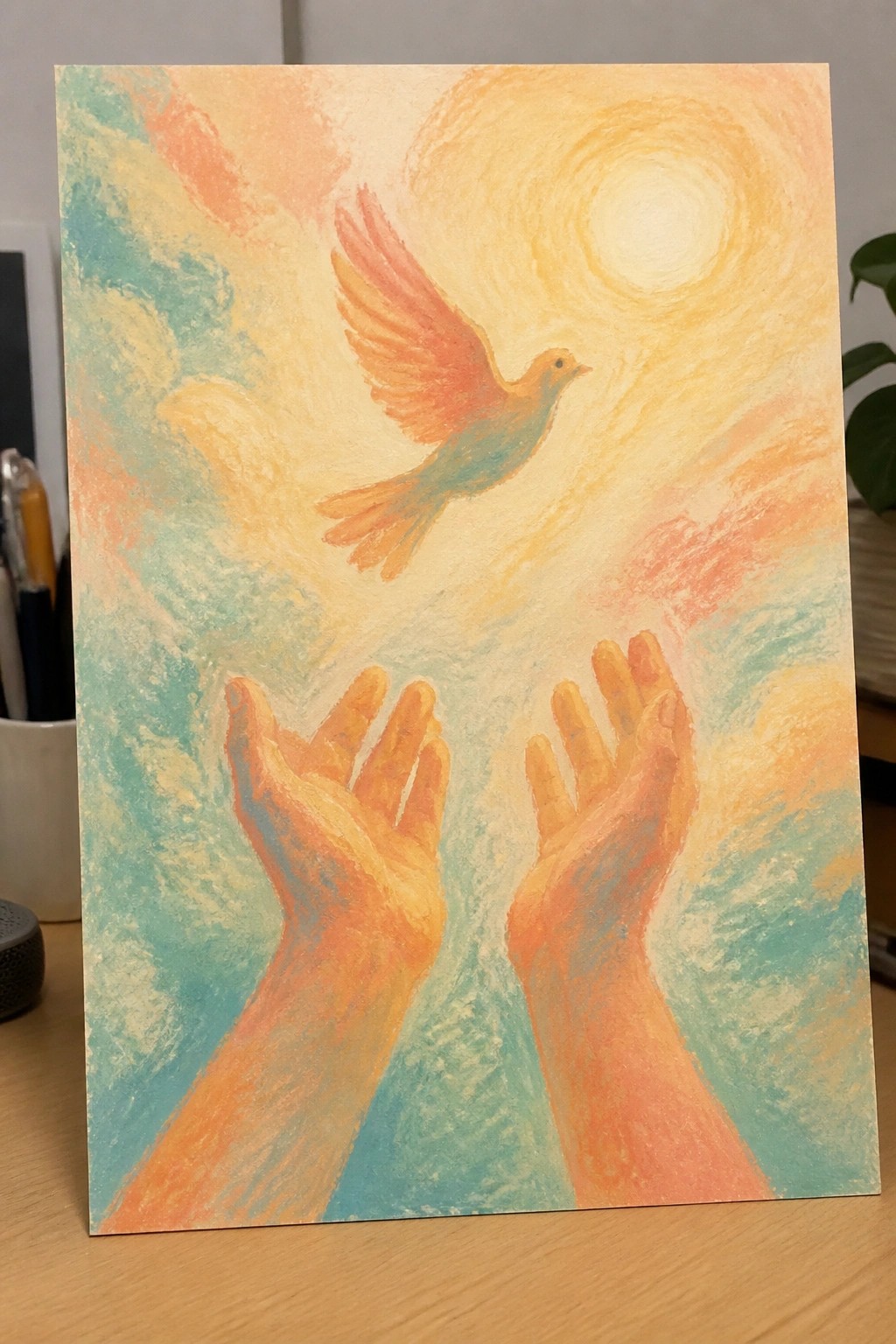 Two hands reaching upward toward a vibrant bird soaring beneath a swirling sun