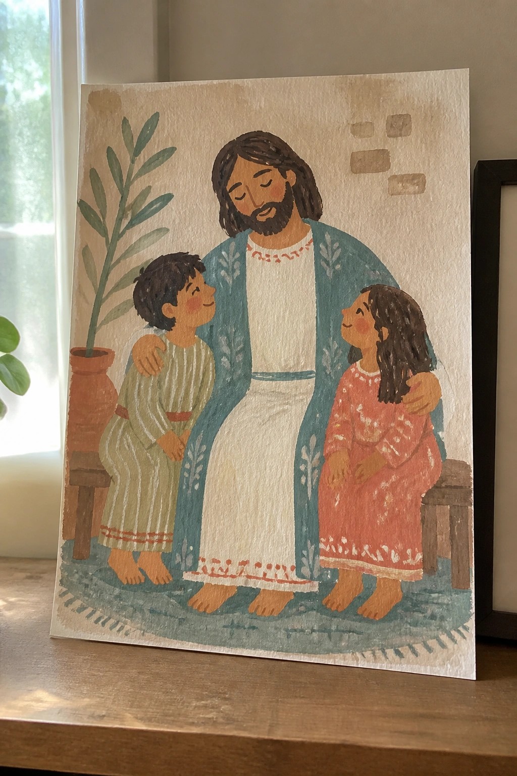 Jesus seated on bench embracing boy in green and girl in red dress