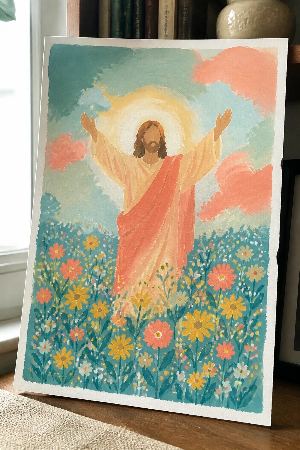 A painting of Jesus standing with arms raised in a field of colorful flowers under a blue sky with a glowing halo.