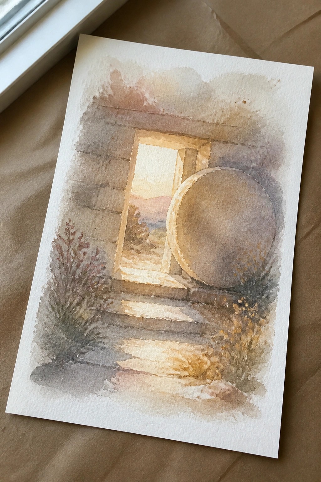 Watercolor of stone steps at an open doorway with a large wheel nearby at sunset.