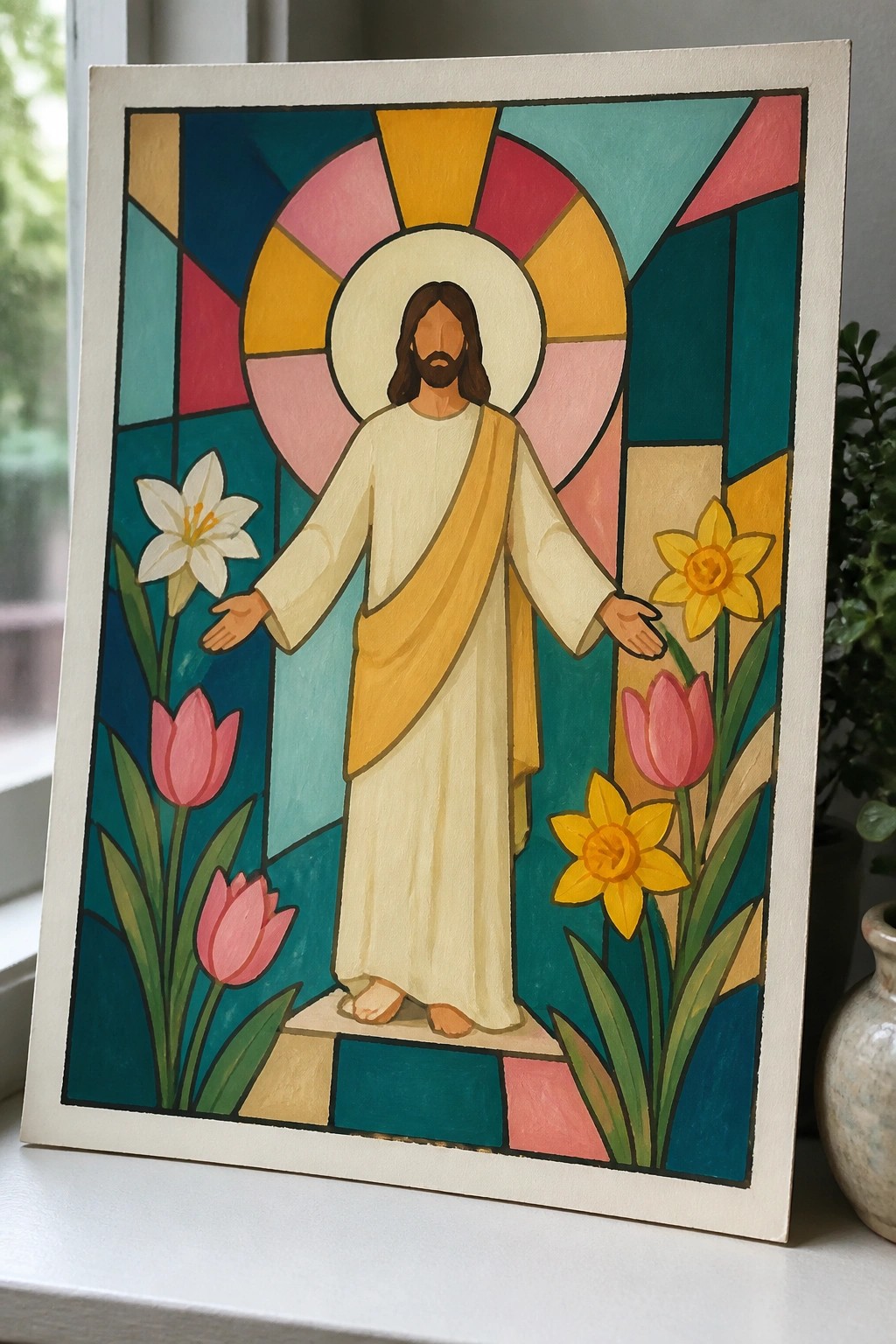 Stained glass artwork of Jesus with outstretched arms amid vibrant flowers and geometric patterns.