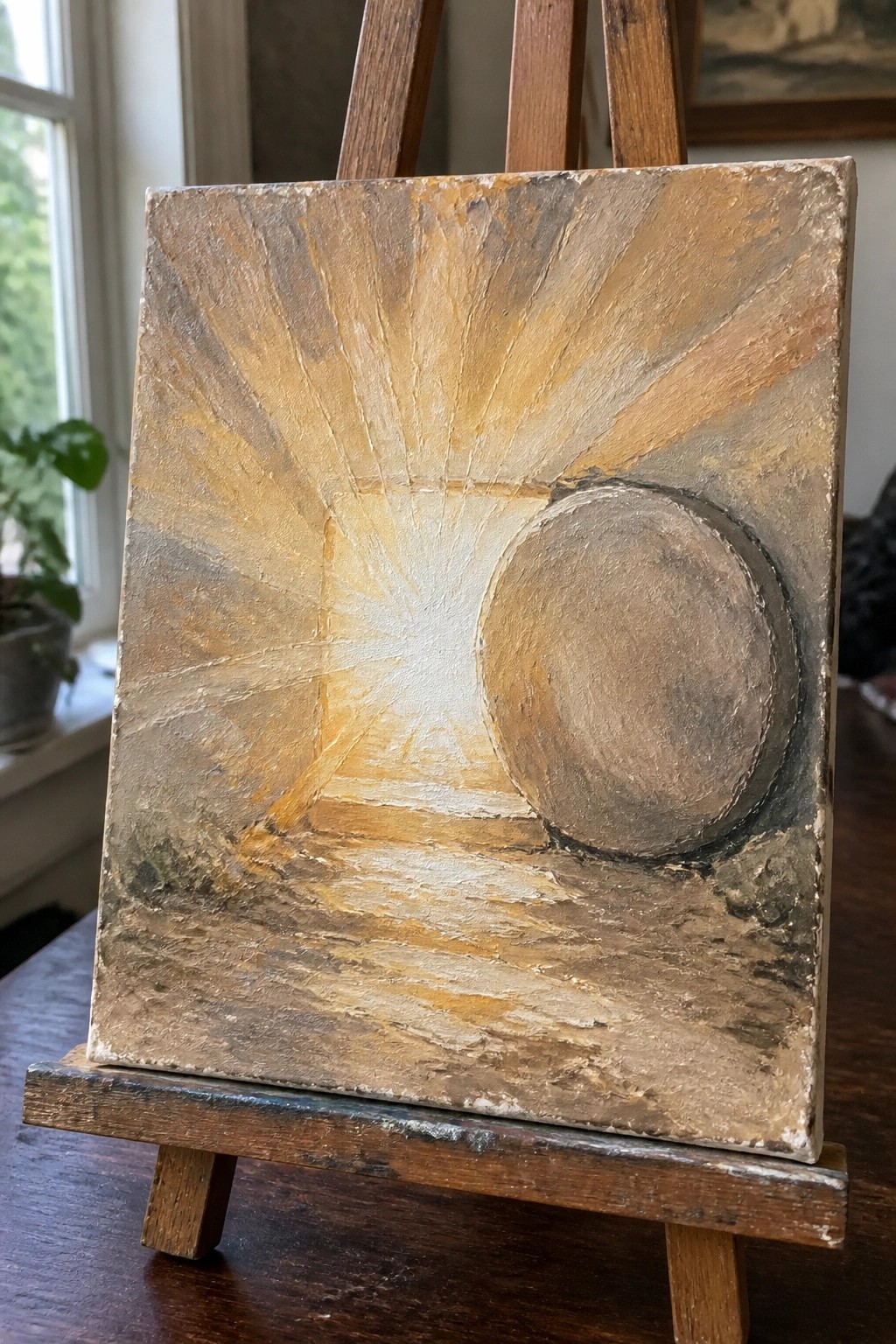 Textured painting on easel with yellow sun rays, white center, and brown orb.