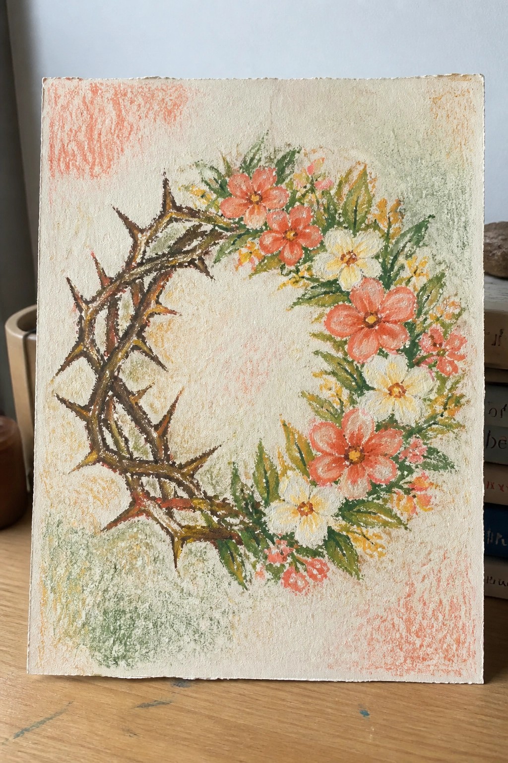 Pastel painting of thorny branches curving into pink, white, and yellow flowers.