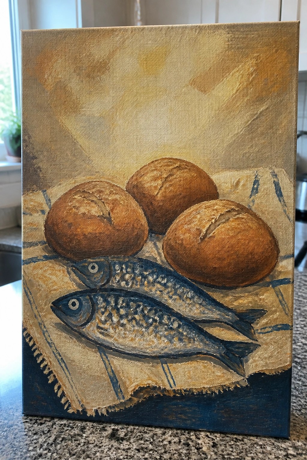 Three brown bread loaves and two fish on a striped cloth in a painting.