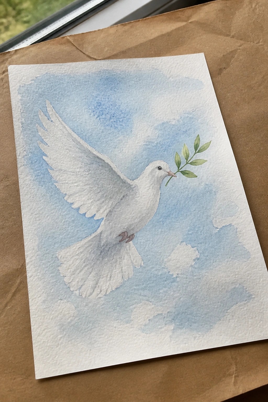 Watercolor painting of white dove with olive branch flying in cloudy blue sky