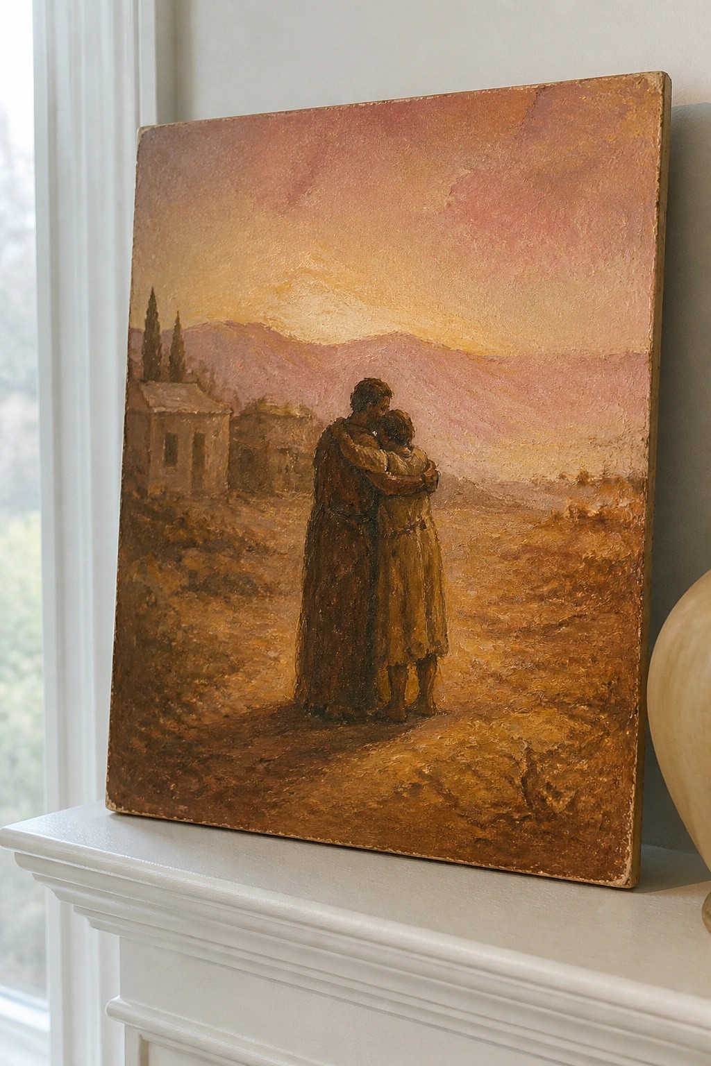Oil painting of two robed figures embracing in a warm sunset landscape with hills and buildings
