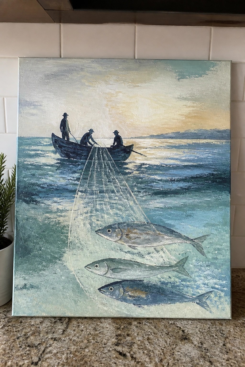 Impressionistic painting of three fishermen casting a net from boat above three fish in sea