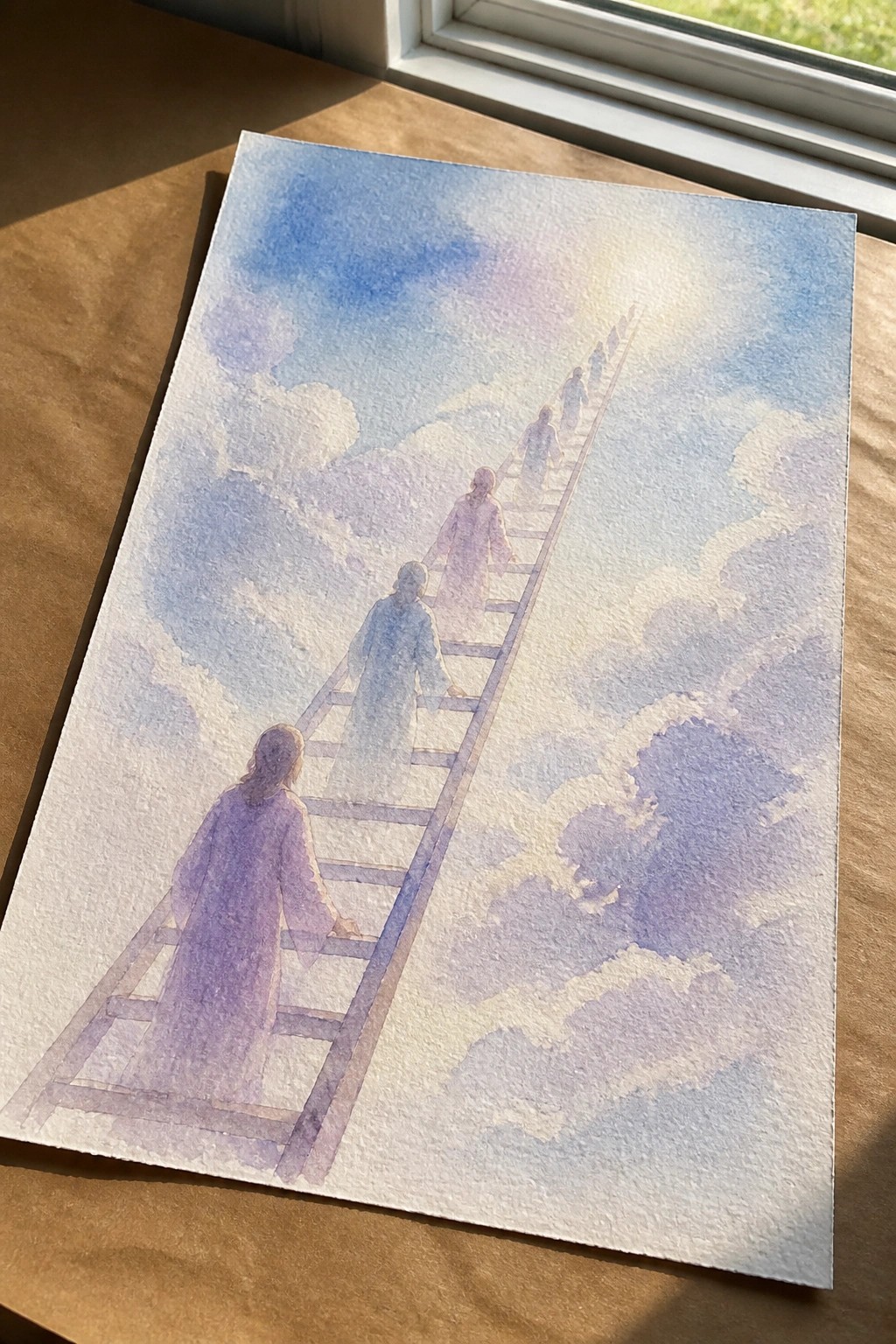 Pastel watercolor of robed figures ascending a ladder through clouds toward bright light
