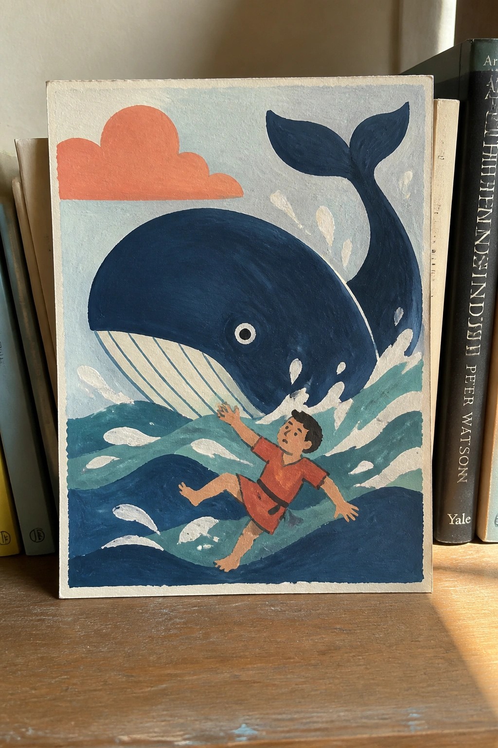 Stylized painting of boy in red tunic beside large blue whale in teal waves.