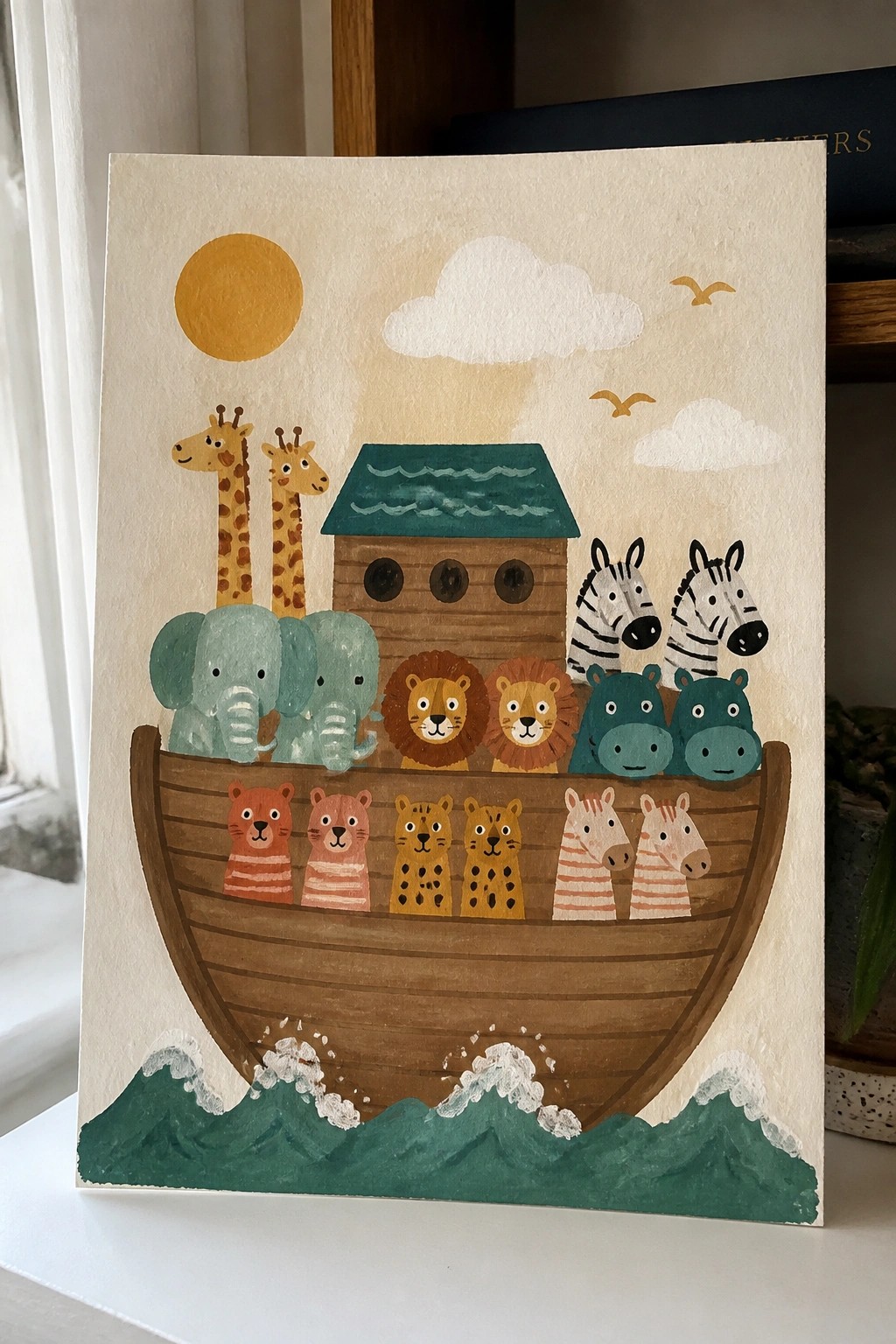 Watercolor Noah's ark with pairs of giraffes, elephants, lions, zebras and hippos on boat