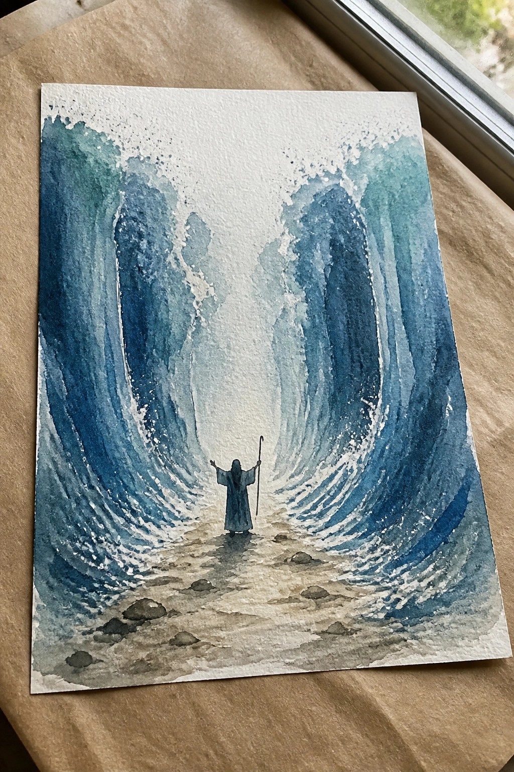 Watercolor of robed figure with staff between two towering blue waves on sandy path
