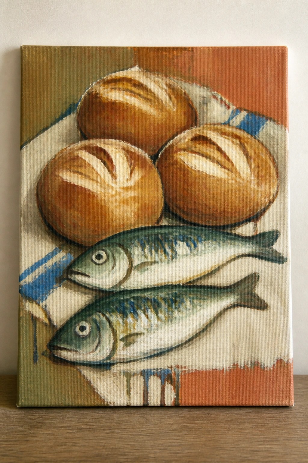 Three bread rolls and two fish on blue-striped cloth, still life painting.