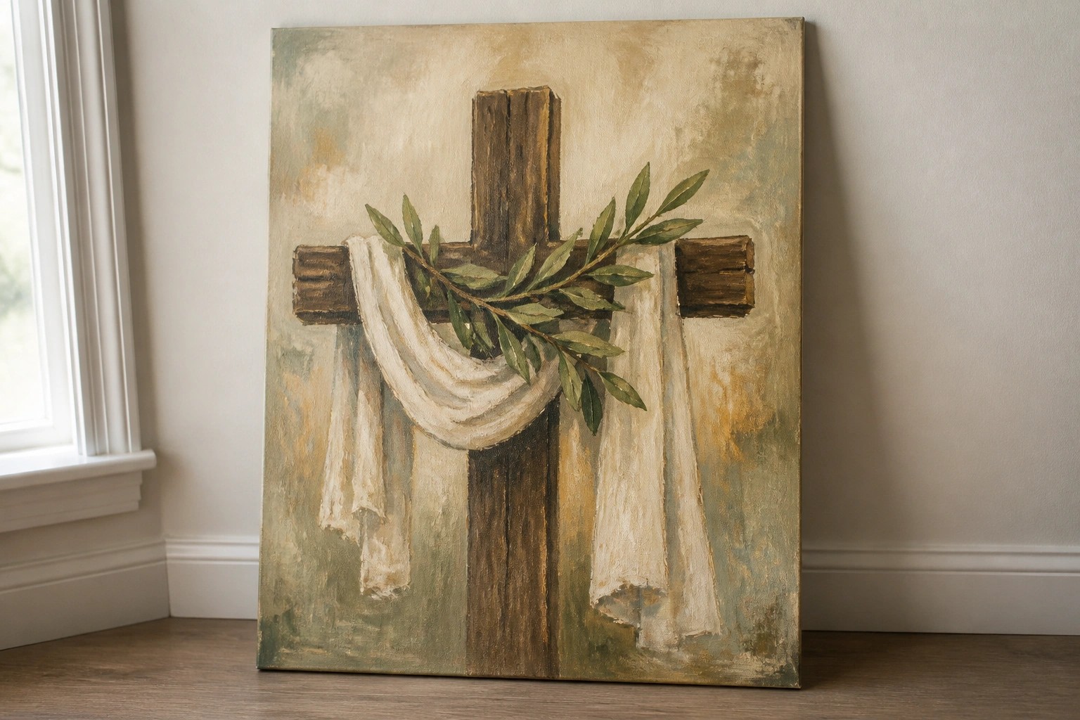 Wooden cross with white cloth and olive branch on textured background