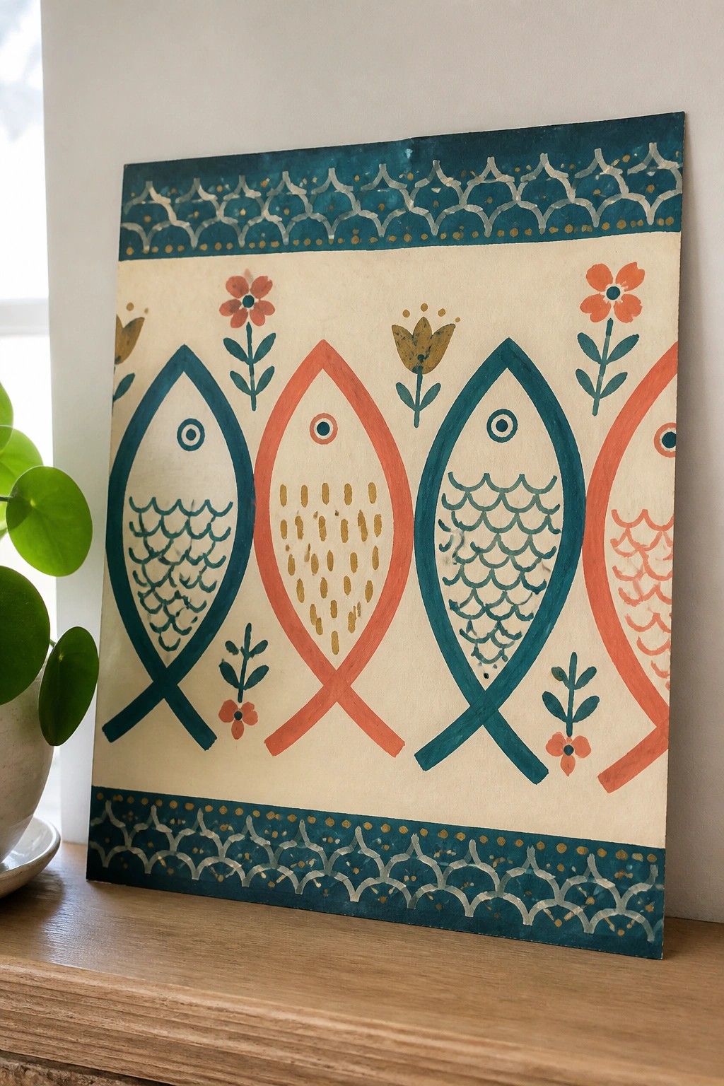 Stylized teal and orange fish with flowers on folk art canvas with scalloped borders.