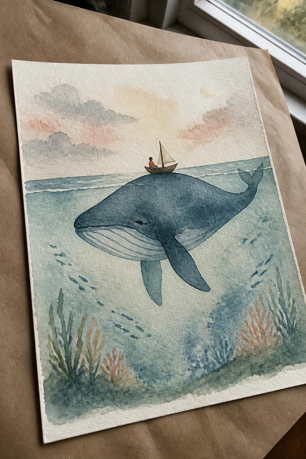 Watercolor of blue whale carrying sailboat with figure above colorful seabed plants and fish.